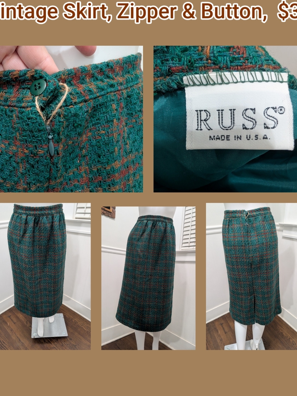 Russ Green & Rust Plaid Wool Pencil Skirt